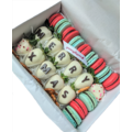 Macarons + Chocolate Dipped Strawberries Gift Box in Green, Red & White